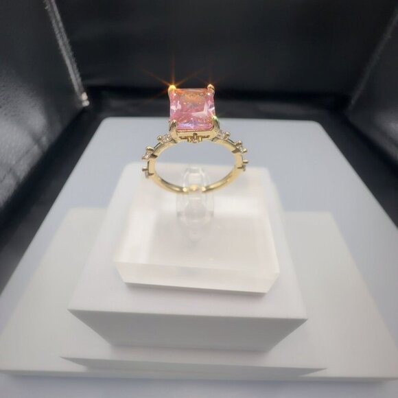 Pink Radiant-Cut Gemstone Ring With Gold-Plated Brass Band & Micro Insert Inlay - Picture 3 of 9